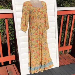 April Cornell Yellow Floral Maxi Dress with Green Ruffle Trim